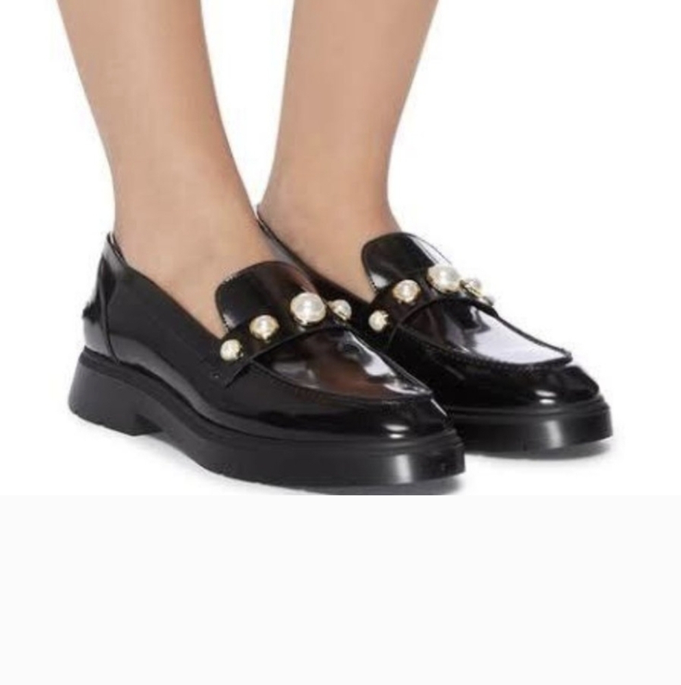 Stuart Weitzman Black Patent Leather Pearl-Embellished Loafers